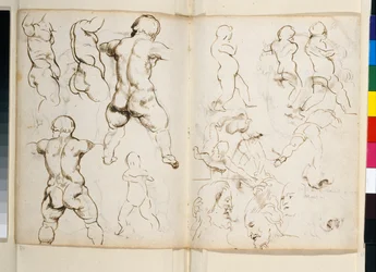 Bakifrån av romersk marmor av pojken med en gås i hans förlorade "ritbok" som bevarats i Chatsworth-arkivet, fol 64v-65r (penna och bläck på papper)