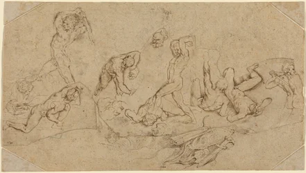 Battle of Nude Men (penna och brunt bläck över svart krita på fyra oregelbundet skurna bitar av två typer av buffertpapper; liggande och med hörnbitar tillagda)