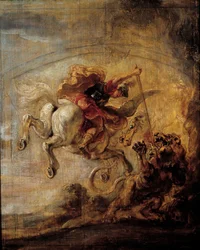 Bellerofon, ridande på Pegasus, dödar Kimeran med sitt spjut, målning av Pierre Paul (Pierre-Paul) Rubens (eller Peter Paul eller Petrus Paulus) (1577-1640)