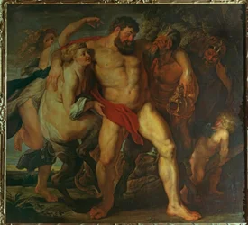 Den berusade Herkules, ledd av en nymf och en satyr
