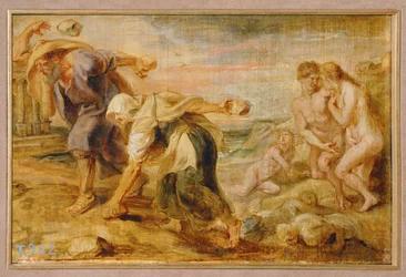 Deucalion och Pyrrha, mänsklighetens skapare efter den första syndafloden (målning på trä)