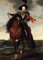 Ryttarporträtt av kronprins Wladyslaw Vasa med slaget vid Khotyn i bakgrunden, ca 1
