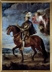 Ryttarporträtt av Filip II, kung av Spanien (1527-1598) Målning av Peter Paul (Pierre-Paul) Rubens (eller Peter Paul eller Petrus Paulus) (1577-1640) 1500-talet sön. 3,14x2,28 m Madrid, Pradomuseet