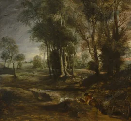 Kvällslandskap med timmervagn, 1630-1640