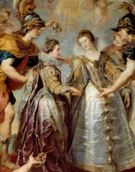 Utbyte av de två prinsessorna av Frankrike och Spanien vid floden Bidassoa i Hendaye, 1615-11-9 Allegorisk representation av äktenskapet mellan Anne av Österrike och Ludvig XIII å ena sidan, mellan Isabella av Frankrike (1602-1644) och Filip IV på den andr