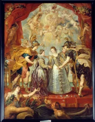 Utbyte av de två prinsessorna av Frankrike och Spanien vid floden Bidassoa i Hendaye, 1615-11-9 Allegorisk representation av äktenskapet mellan Anne av Österrike och Ludvig XIII å ena sidan, mellan Isabella av Frankrike (1602-1644) och Filip IV på den andr