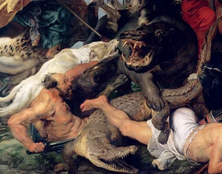 Flodhäst och krokodiljakt, ca 1615-16 (detalj) (se även 156517)