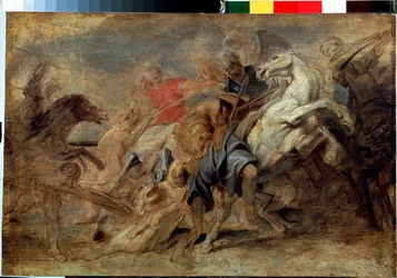 Lejonjakten. Målning av Peter Paul (Pierre-Paul) Rubens (eller Peter Paul eller Petrus Paulus) (1577-1640). Olja på trä, Mått: 43 x 64 cm, ca 1621. Flamländsk konst, barockstil. Eremitagemuseet, Sankt Petersburg.