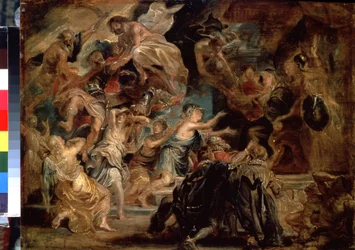 Henrik IV:s död (1553-1610) och kungörelsen av regenten (Henrik IV:s död och regentens proklamation). Målning av Peter Paul (Pierre-Paul) Rubens (eller Peter Paul eller Petrus Paulus) (1577-1640). Olja på trä, 48 x 65 cm