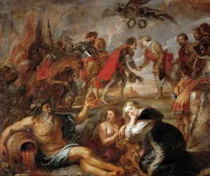 Mötet mellan Ferdinand III av Habsburg (1608-1657), kung av Ungern, Böhmen och Tyskland och spädbarnskardianen Ferdinand av Österrike (1609-1641) före slaget vid Nördlingen (1634) - Mötet mellan kung Ferdinand av Ungern och kardinal Spädbarn