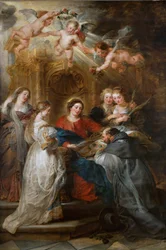 Synen av Saint Ildefonso (606-667), Jungfrun ger honom ett chasibel - Central panel av altartavlan av Saint Ildefonso - Central panel av Ildefonso altartavla, av Rubens, Pieter Paul (1577-1640). Olja på trä, c. 1630-1631. Konsthistoriska museet, Wien