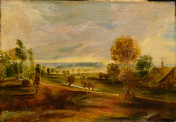 Landskap med gårdsbyggnader vid solnedgången, 1600-1640