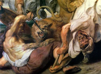 Lejonjakt, detalj av två män och ett lejon, 1621
