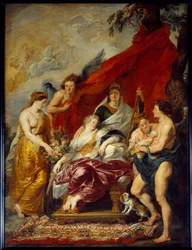 Ludvig XIII föddes i Fontainebleau den 27 september 1601. Hans mor Marie de Medicis (Maria de Medici) sitter på tronen och tittar på det nya ne. Målning av Pierre Paul (Pierre-Paul) Rubens (eller Peter Paul eller Petrus Paulus) (1577-1640)