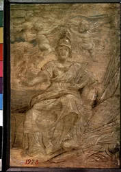 Marie de Medici (1575-1642) en Pallas Athena (Marie de Medici som Pallas Athena). Peinture de Pierre Paul (Pierre-Paul) Rubens (ou Peter Paul eller Petrus Paulus) (1577-1640). Olja på trä, 22,5 x 15 cm
