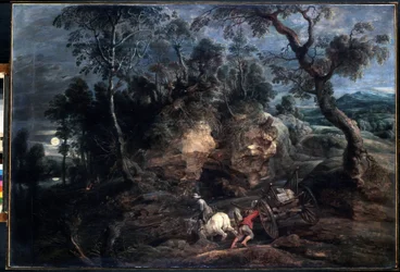 Landskap med stenbärare. Målning av Peter Paul (Pierre-Paul) Rubens (eller Peter Paul eller Petrus Paulus) (1577-1640). Olja på duk, 86 x 126,5 cm, ca 1620. Flamländsk konst, barockkonst. Eremitagemuseet, St.