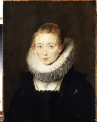 Porträtt av en blivande kvinna till Infanta Isabella (1566-1633). Hon bär jordgubbskrage. (Porträtt av en kvinna som väntar på Infanta Isabella). Målning av Peter Paul (Pierre-Paul) Rubens (eller Peter Paul eller Petrus Paulus) (1577-1640). olja su