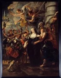 Drottning Marie de Medicis (1573-1642) flydde från Chateau de Blois natten mellan den 21 och 22 februari 1619. Frankrikes drottning i exil i Blois under "Mor och Sons krig" flydde till Angouleme. Änglar med facklor vägleder drottningen på rätt väg. Smärta