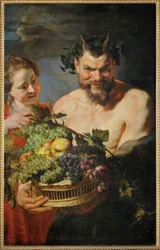 Satyr och flicka med en fruktkorg