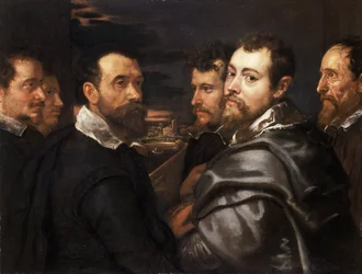 Självporträtt i en vänkrets från Mantua av Rubens, Pieter Paul (1577-1640), ca 1604 - Olja på duk, 77,5x161 - Wallraf-Richartz-Museum, Köln