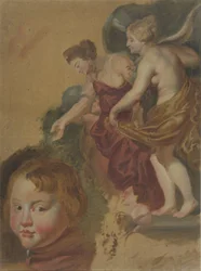 Studieblad med Maria dei Medicis lyckliga regeringstid, ett pojkehuvud och två manshuvuden.