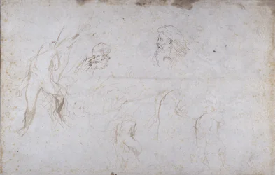 Studier av en mansfigur bunden till ett träd och av två manshuvuden, ca 1601 (penna och bläck på papper)