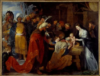 The Adoration of the Magi Målning av Pierre Paul (Pierre-Paul) Rubens (eller Peter Paul eller Petrus Paulus) (1577-1640) 1617 Sön. 2,51x3,28 m Lyon, Musee des Beaux Arts