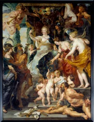 Regency Representation of the Felicity of the Regency Representation of Queen Mary of Medicis (Maria de Medici) (1573-1642) i triumf vid tiden för Regency. Målning av Pierre Paul (Pierre-Paul) Rubens (eller Peter Paul eller Petrus Paulus) (1577-1640) 1600-
