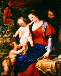 Den heliga familjen med det lilla barnet Johannes (olja på duk)