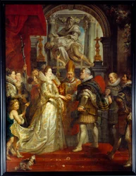 Vigseln genom fullmakt mellan Maria De Medici (Marie de Medicis) (1573-1642) och Henrik IV i Florens den 5/10/1600. Målning av Pierre Paul (Pierre-Paul) Rubens (eller Peter Paul eller Petrus Paulus) (1577-1640). 1600-talets sön. 3,94x2,95 m