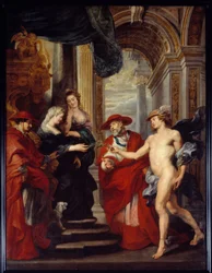 Handeln i Angouleme den 30 april 1619 eller försoningen av Marie de Medicis (1573-1642) med sin son Ludvig XIII. Drottningen var i exil i Blois under "Mor och Sons krig"" under vilket hon framkallade en omvälvning mot kung hennes son. Cardin