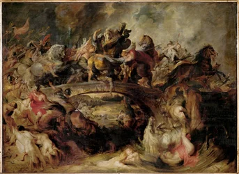 Theseus, kung av Aten, kämpar mot Talestris (målning på ek)