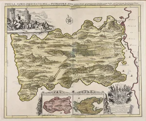 Insula Samos Polycratis reg. et Pythagorae phil. patria ferax gregum terraeq. fictilis, prout hodié sub Turcarum dominio incolitur, ex descriptione potissimum Iosephi Georgirene, Samiorum archiepiscopi, Londini ab eodem editá ... / fec. et exc. Petr. Schen