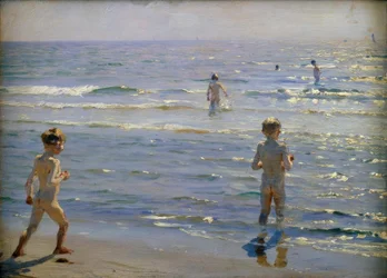 Badande pojkar. Solljus. Skagen