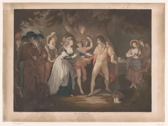 Rosalind verrast Orlando i sitt hus Shakespeare. Som du vill (titel på objekt)