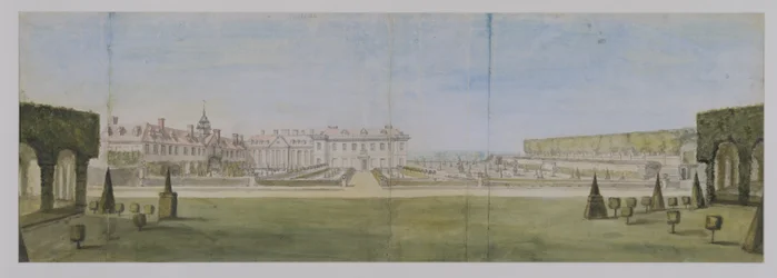 Utsikt över trädgården och huset i Upper Winchendon, Buckinghamshire (wc över grafit på papper)