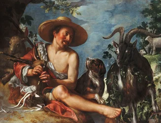 En herde som rör sig på en kulle, en hund och hans flock i närheten,