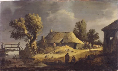 Landskap med bondgård (olja på panel)