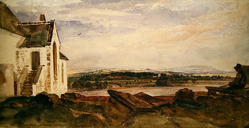 En figur som sitter på en kyrkgård vid floden (akvarell på papper)
