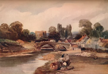 En by vid en flod, med bro och ruiner, c1824