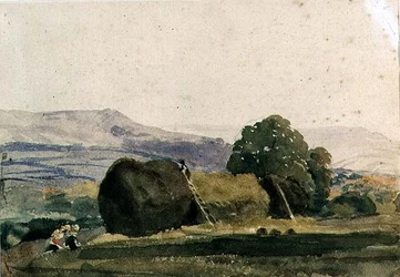 Landskap med höstackar (penna och akvarell)