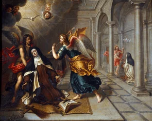 Den heliga Therese av Avila (av barnet Jesus) (1515-1582) möter ängeln som genomborrar hjärtat av sin gyllene darter Målning av Peter Van Lindt (1600-talet) Dim. 85x70 cm Genes, Galleria di Palazzo Bianco