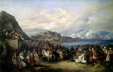 Prins Otton (1815-1867) son till Ludvig I av Baviere debarque i Nafplio den 6/02/1833 och blir kung av Grekland Målning av Peter von Hess (1792-1871) (ec.all.) 1835 sön. 2,73 X 4,16 m München. Ny Pinakothek.