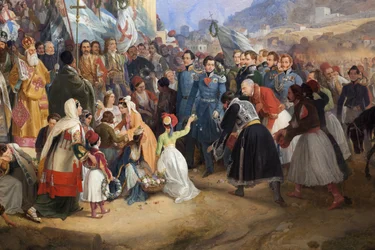 Kung Othon I av Grekland (1815-1876) inträde till Aten, välkomnad av folkmassan framför templet Hephaistos (Hephaisteion) (Hephaestus) eller Theseion på Agora (Grekland)
