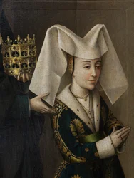 Detalj av Isabella av Portugal och St. Elizabeth, ca 1457-60 (olja på duk)