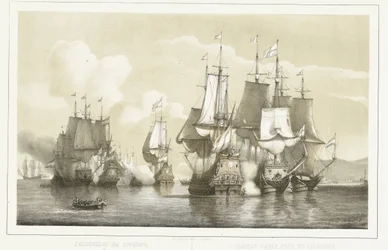 Sjöslaget vid Livorno, 1653 Sjöstrid vid Livorno. 14 mars 1653 / Combat naval près de Livourne. 14 mars 1653 (titel på objekt)