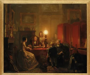 En familj samlades runt ett lampupplyst bord, 1854