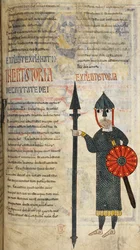 En västgotisk soldat klädd i knälång ringbrynja och leggings, illustration från 