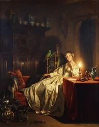 En ljusupplyst interiör med en dam sittande vid ett bord, 1865