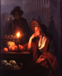 Market Stall at Night (olja på panel)